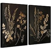2Pcs Dark Botanical Canvas Wall Art Vintage Floral Wall Decor Pictures Dark Academia Moody Flowers Aesthetic Gallery Room Posters Prints for Bedroom Living room Decoration 12x16in