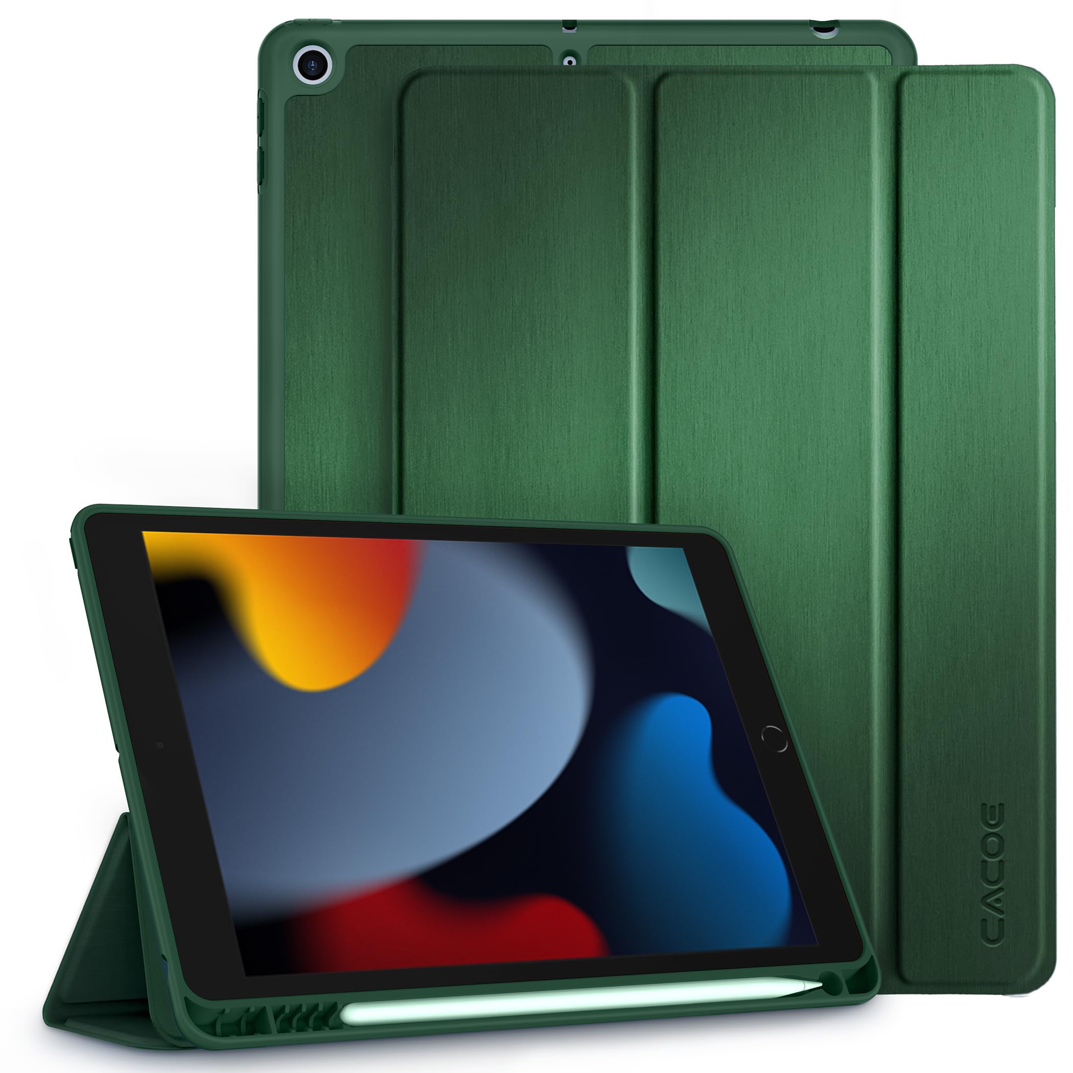 CACOE Case Compatible with iPad 9th /8th /7th Generation 2021 2020 2019, 10.2 Inch Case with Pencil Holder, Soft TPU Back Cover Auto Wake/Sleep, Dark Green