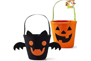 JOYIN 2 PCS Halloween Trick or Treat Bags, 6 X 9 Orange Pumpkin Candy Bucket for Trick or Treating, Black Reusable Bat Goody Tote Bucket, Portable Felt Baskets for Kids Halloween Party Favor Supplies