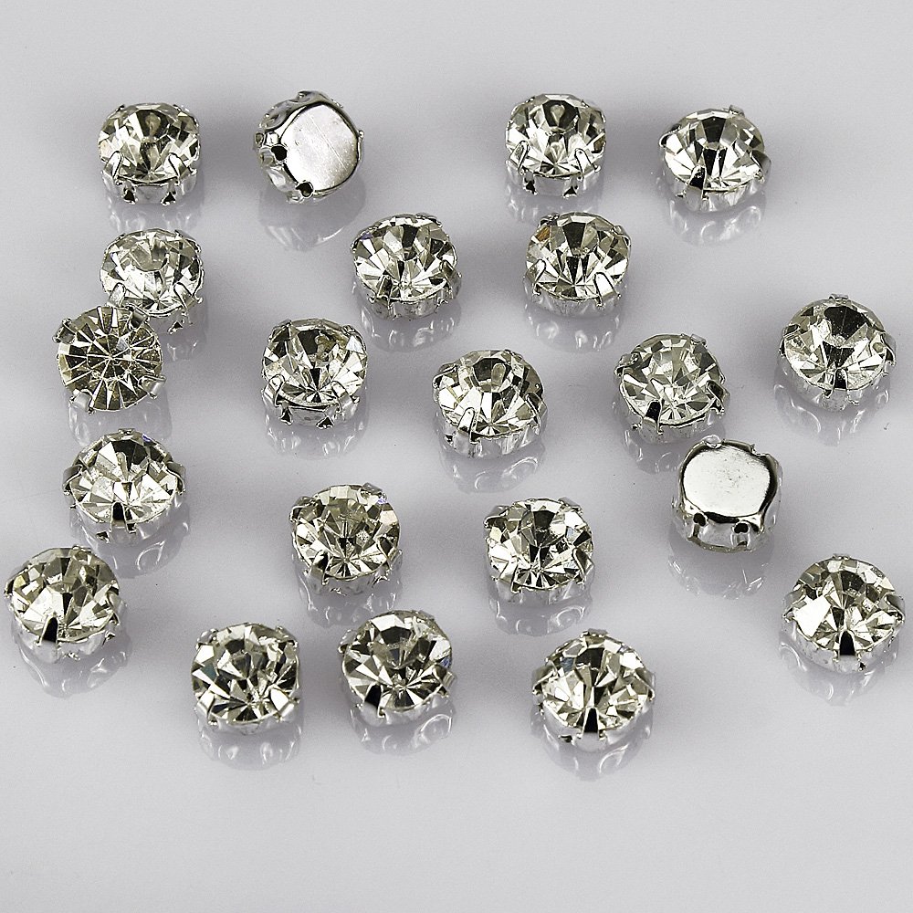 LolliBeads (TM) 50 Pcs Crystal Ringed Sew on Rhinestone Czech Glass with Silver Plated Brass Base Prongs Cup, White 10 mm