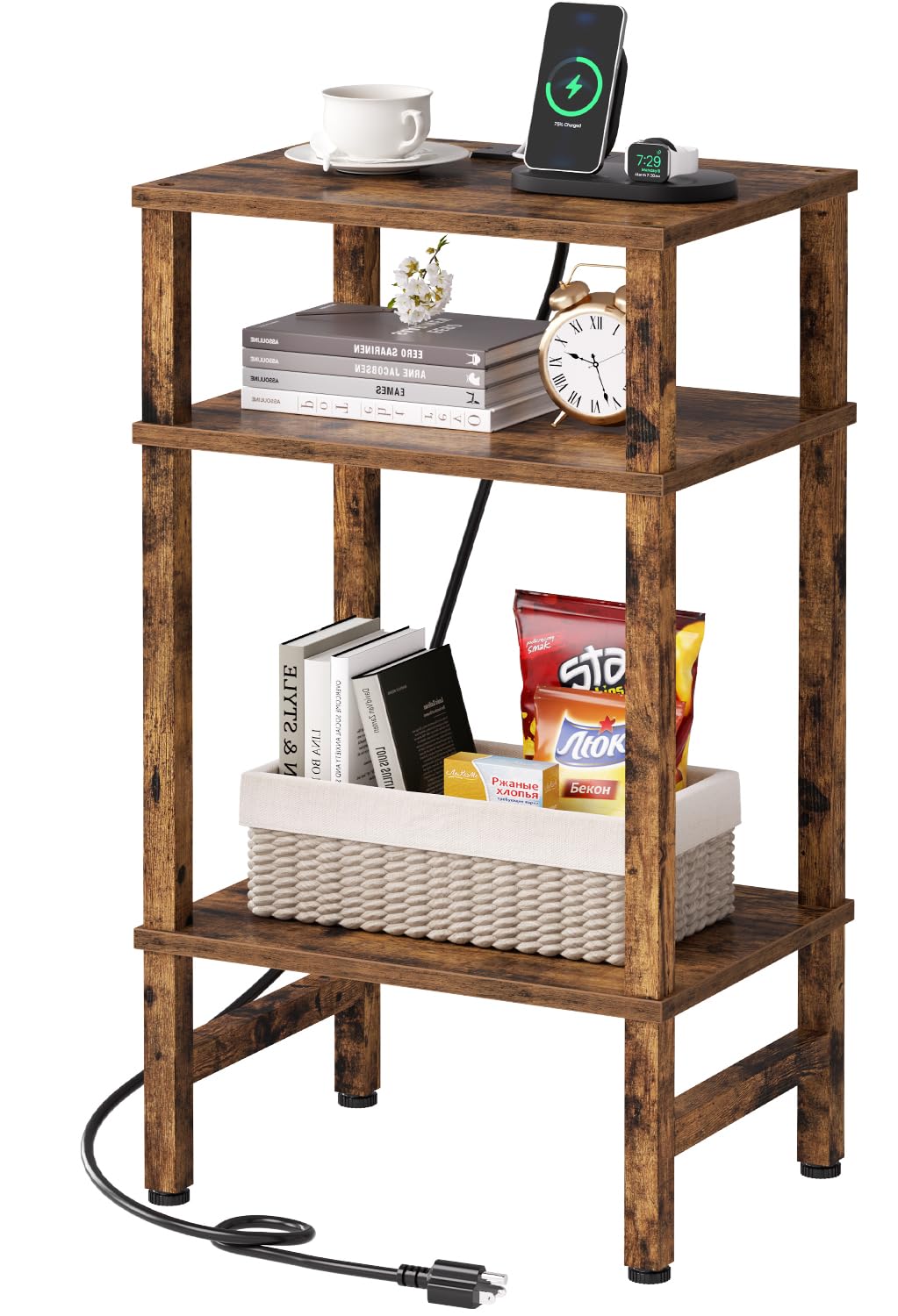 Photo 1 of Asgolion 3 Tier End Table with Storage and Fast Charging Station, Tall Narrow Nightstand with Type C and USB Port, Small Side Table for Living Room, Bedroom, Office, Rustic Brown