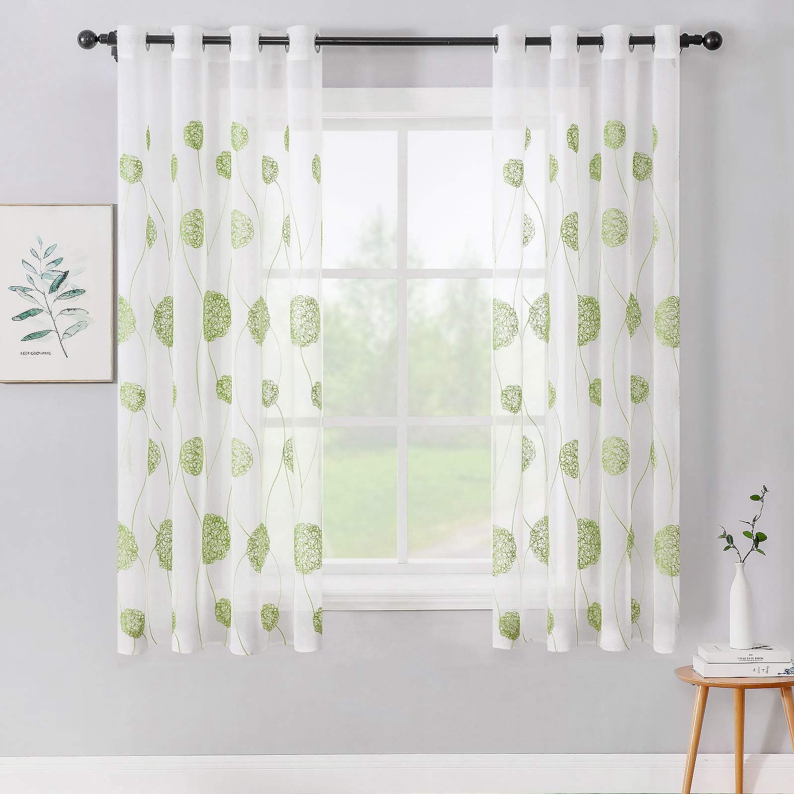 MIULEE Embroidery Sheer Curtains Flora Design Grommet Window Curtain Decoration Semi Voile Drapes with Eyelets Window Treatments for Living Room Bedroom 2 Panels 55" W x 57" L Green