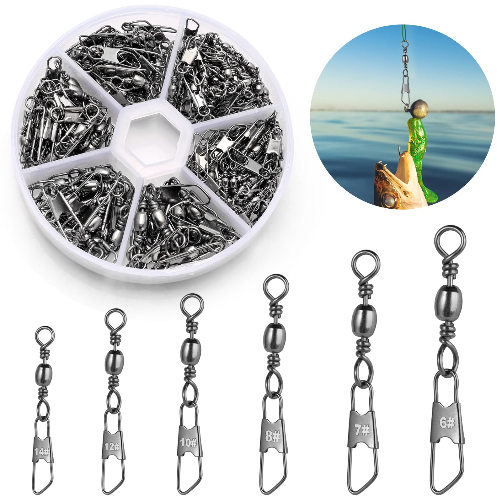 VEPEPE 200 Pcs Fishing Swivels and Clips Safety Snaps Swivels Fishing Tackle Sea Fishing Swivels Rolling Swivel for Quick Change Swivels Fishing Hook to Line Connectors 6# 7# 8# 10# 12# 14#