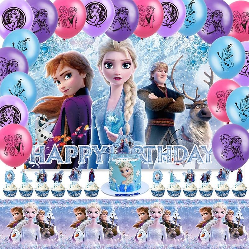 Photo 1 of 27 Psc For Frozen theme party setup, easy to assemble decorations, including children's DIY cake toppers and background cloth sets, perfect for children's birthday parties.