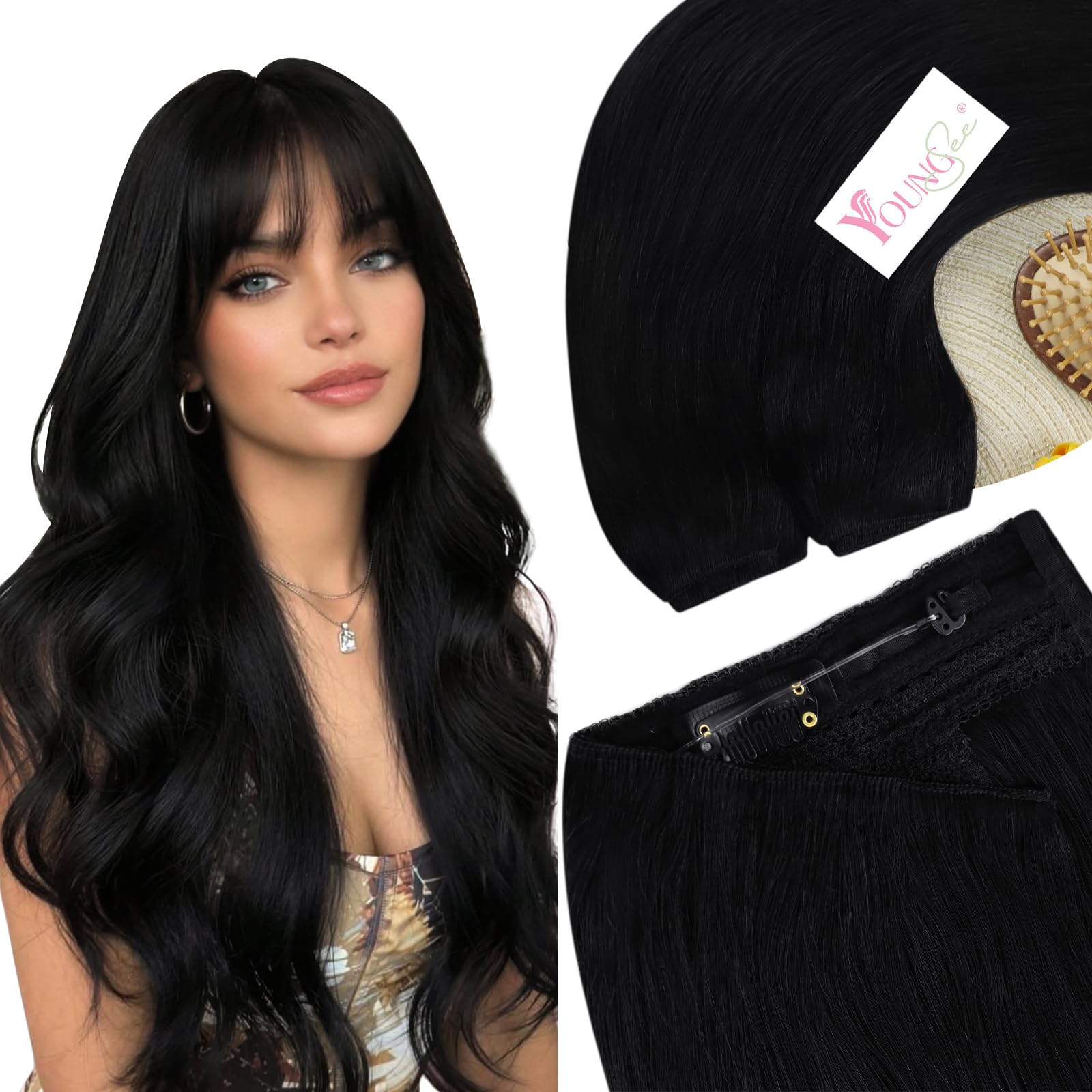 YoungSee Wire Hair Extensions Black 12inch Wire Human Hair Extensions Jet Black Invisible Wire Real Human Hair Extensions for Beginners 70g One Piece Short Straight Easy of Application — image 1