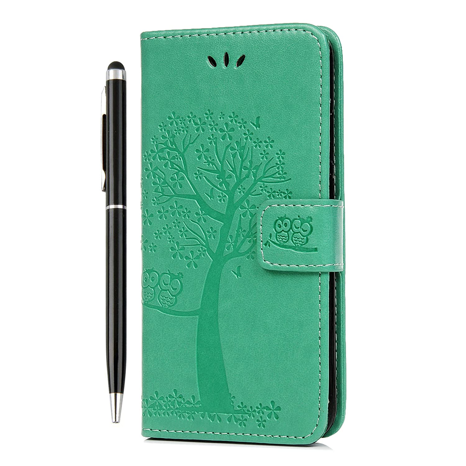 Reevermap iPhone 12 Case with Card Holder, iPhone 12 Pro Phone Case, Shockproof Wallet PU Leather Flip Owl Tree Embossed Magnet Kickstand Bumper Cover for iPhone 12/12 Pro & 1 Touch Pen Green