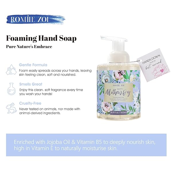 ROMIIE ZOI FOAMING HAND SOAP FOR MOTHER’S DAY GIFT BASKET – LUXURY FLORAL DESIGN, INFUSED WITH ROSE SCENTED AROMA – 500 ML / 16.8 FL OZ