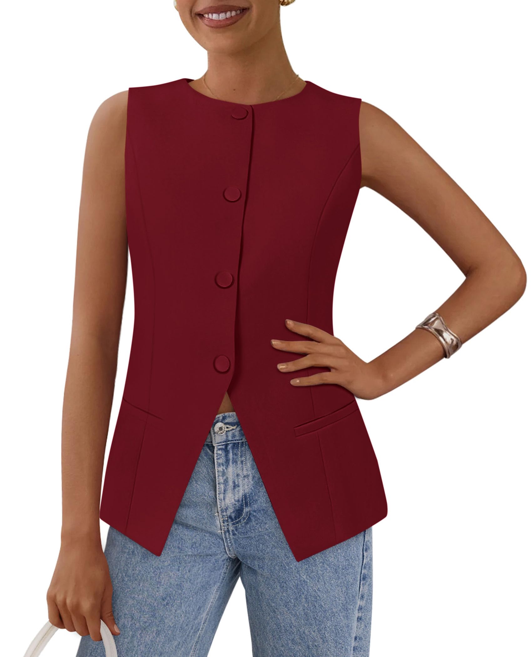 Photo 1 of PRETTYGARDEN Women's Summer Suit Vest Tops 2025 Dressy Business Casual Sleeveless Button Down Trendy Fashion Blazer Waistcoat (Red,X-Large)