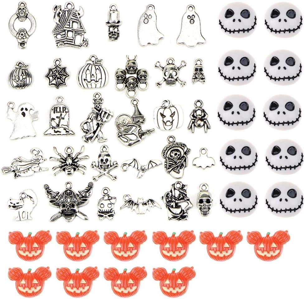 Qingsi 50 Pcs/Set Mixed Halloween Flatback Resin Pumpkin Skeleton Cabochons Alloy Halloween Charms Pendants for DIY Jewelry Making and Crafting