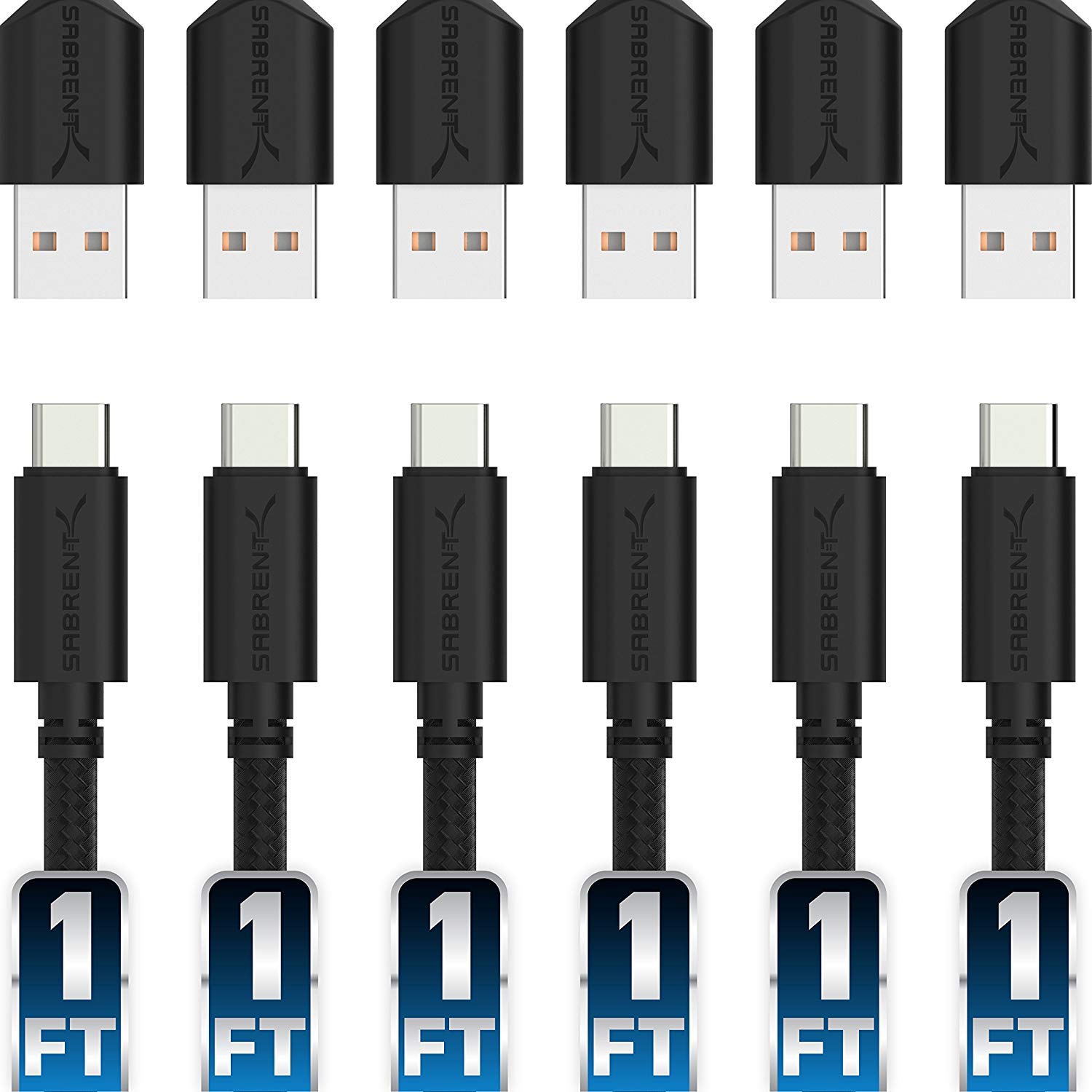 SABRENT [6 Pack 22AWG Premium 1ft USB C to USB A 2.0 Sync and Charge Cables [Black] (CB-C6X1)
