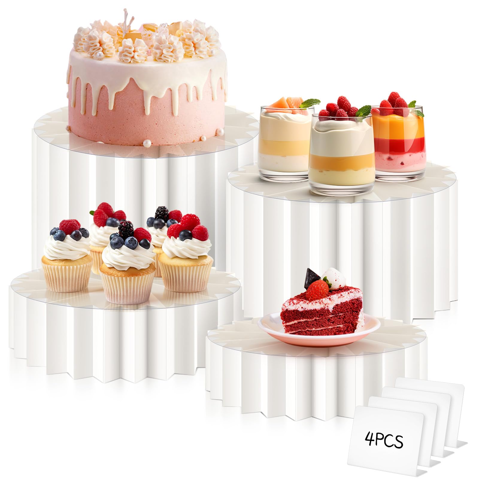 Photo 1 of Marsui 4 Pcs Buffet Risers Food Display for Dessert Table Cake Riser Display Stands Acrylic Foldable Cardboard Cake Stands Tall Columns for Parties Birthday Wedding Pillars Decoration(White)
