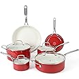 Martha Stewart Lockton Premium Nonstick PFA Free Ceramic Interior 10 Piece Enamel Heavy Gauge Aluminum Pots and Pans Cookware Set - Red
