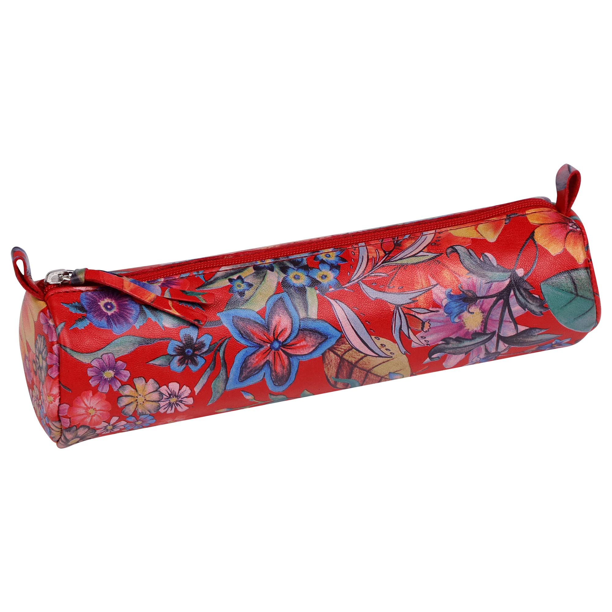 Clairefontaine - Ref 410108C - Céleste' Leather Round Pencil Case - 22cm x 5.5cm, Made From Genuine Lambskin Leather, Metal Zip With Leather Puller - Red Garden