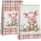Jztco 2 Pcs Cute Pig Kitchen Towels, Plaid Pink Soft Absorbent Hand Tea Towel, Microfiber Dish Cloths for Drying Dishes, Waffle Dish Towels for Kitchen Bathroom Decor, Pig Gifts for Women Mom Grandma