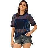 Allegra K Women's Rainbow Mesh T-Shirt Cover Up Party Short Sleeve See Through Sheer Tops
