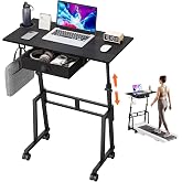 Adjustable Height Standing Desk with Drawer, Rolling Sit to Stand Up Desk | Height 31.5"-43.3" Small Mobile Laptop Standing Desk for Treadmill Walking Pad with Wheels, Movable Classroom Podium (Black)