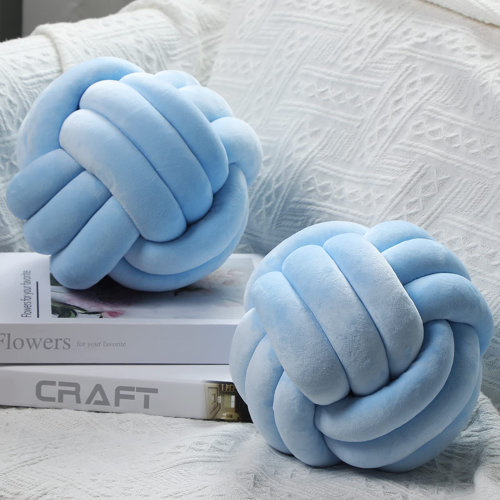 Namalu 2 Pieces Plush Knot Ball Pillows Decorative Round Throw Knotted Pillows Aesthetic Stuffed Pillows for Stress Relieving Bed Sofa Bedroom Decoration (Sky Blue,7.87 Inches)