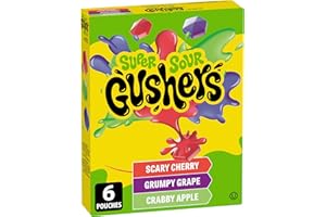 BETTY CROCKER GUSHERS Super Sour Cherry, Grape, and Apple Fruit Flavoured Snacks, Pack of 6 Pouches, Fruit Flavoured Snacks