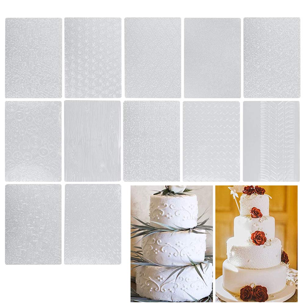 DECARETA Fondant Impression Mat 12 Piece Embossed Icing Moulds Kits,12 Pattern Impression Icing Clear Plastic Cake Imprint Embossing Mat for Cake Edging,Cupcakes,Biscuits Decoration(25X17.5cm)