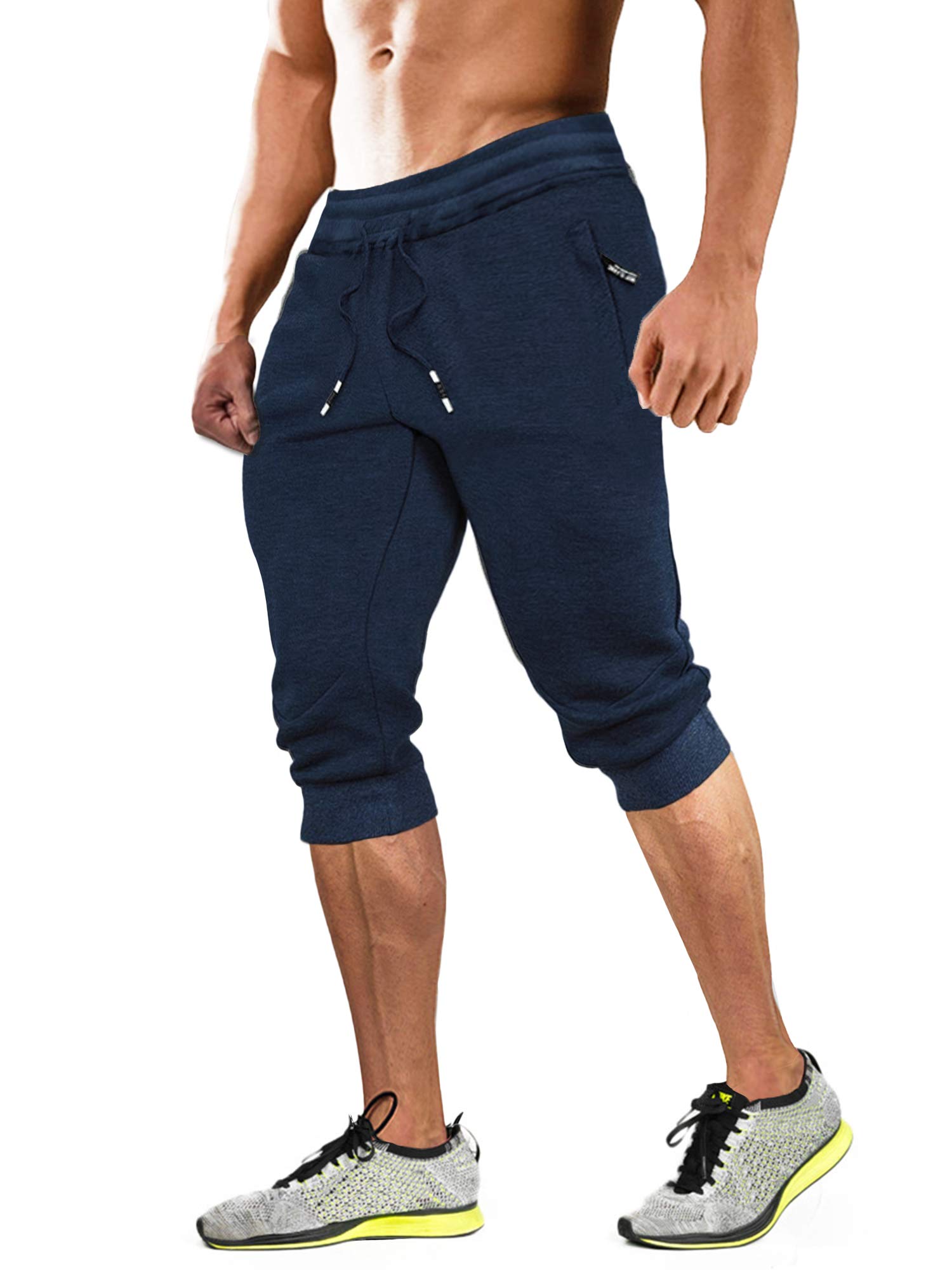 Photo 1 of MAGCOMSEN 3/4 Pants Men Workout Capri Joggers With Zipper Pockets - Knee Length Gym Shorts Navy