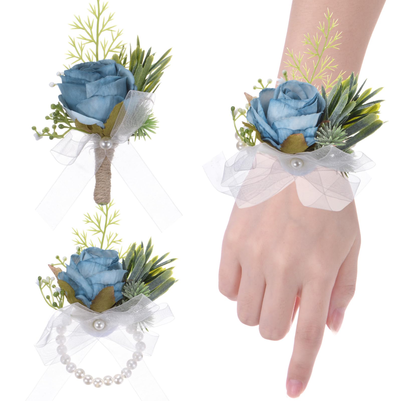 M METERXITY 1-Set Wrist Corsage and Boutonnieres Set, Artificial Rose Flower Wristlet and Men Corsage for Wedding/Party/Prom/Decorations, Flower Wrist Corsage Set [Blue]