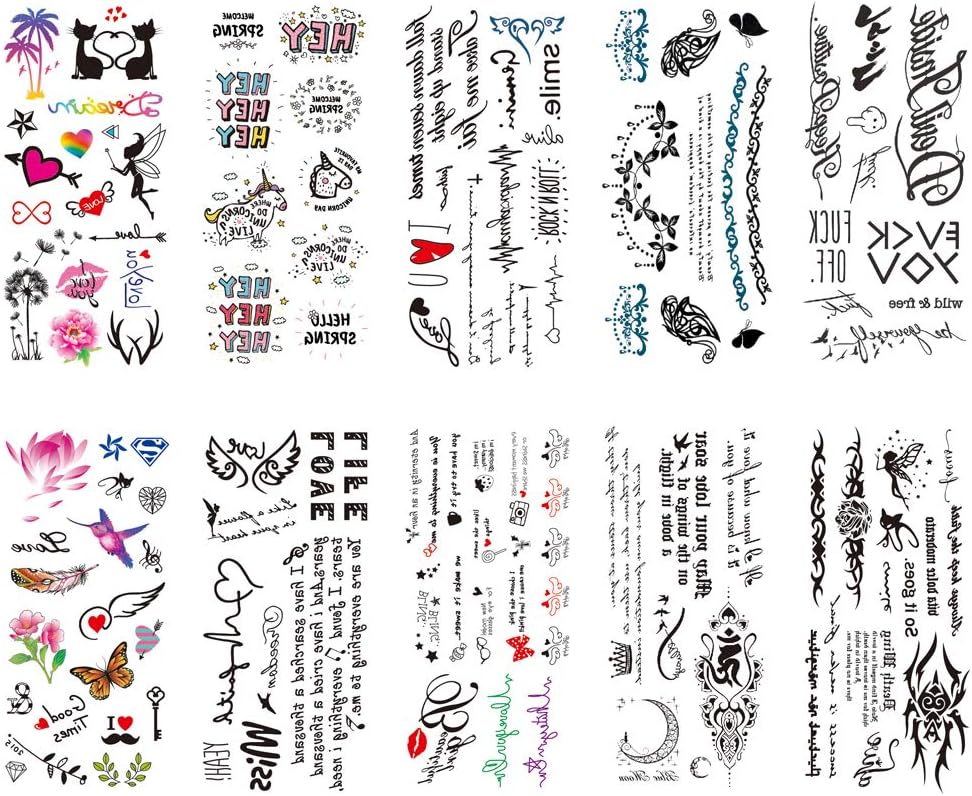 TAFLYTemporary Tattoos Lovely English Words & Black Designs Body Art Make up for Women Fake Tattoo Sticker Waterproof Tattoo with Star Heart 10 Sheets