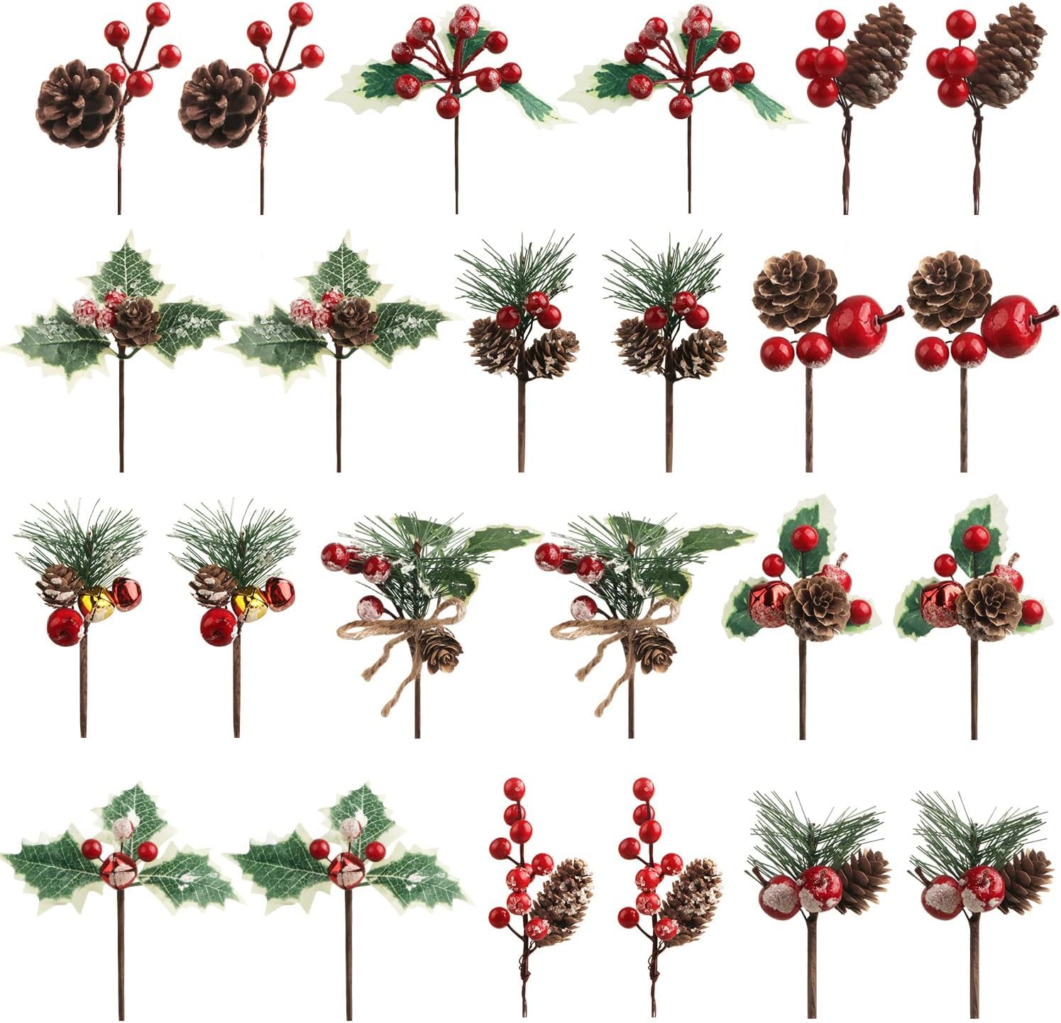 Songjum 36 PCS Artificial Christmas Pine Picks Christmas Berries Artificial Stem with Pinecones Apples Bells Christmas Flower Picks for Christmas Tree Wreath Arrangement Winter Holiday Decor