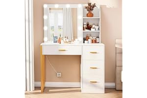 FIONESO Makeup Vanity Desk with Mirror & Lights, Vanity Desk with 4 Drawers & Charging Station,Vanity Table with Open Storage Shelves, 3 Color Modes, Dressing Table for Bedroom, White