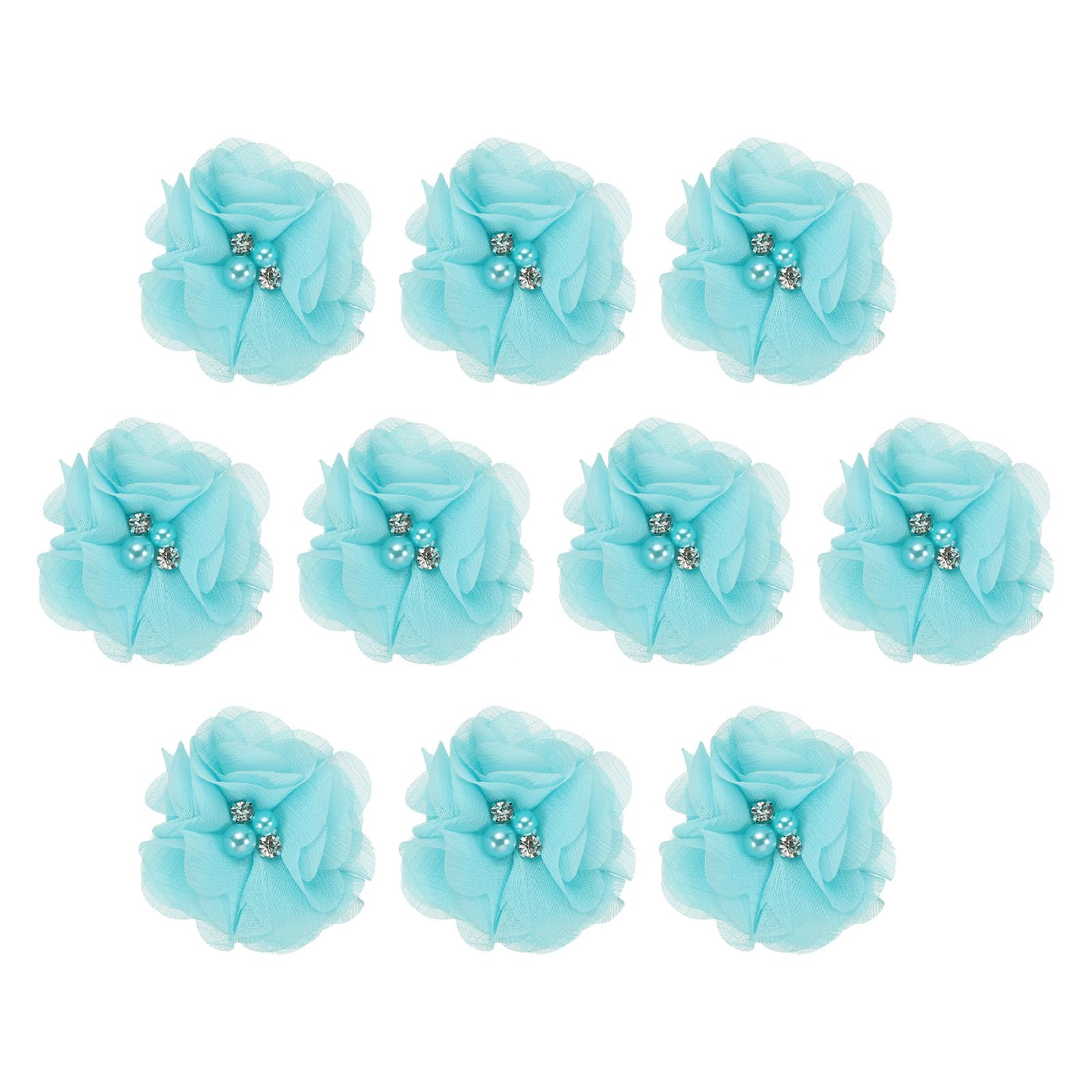 PATIKIL 2" Chiffon Flowers, 10Pcs Fabric Flowers Sewing Appliques Embellishments with Rhinestone Pearl for DIY Crafts Wedding Headbands Party Decoration, Sky Blue