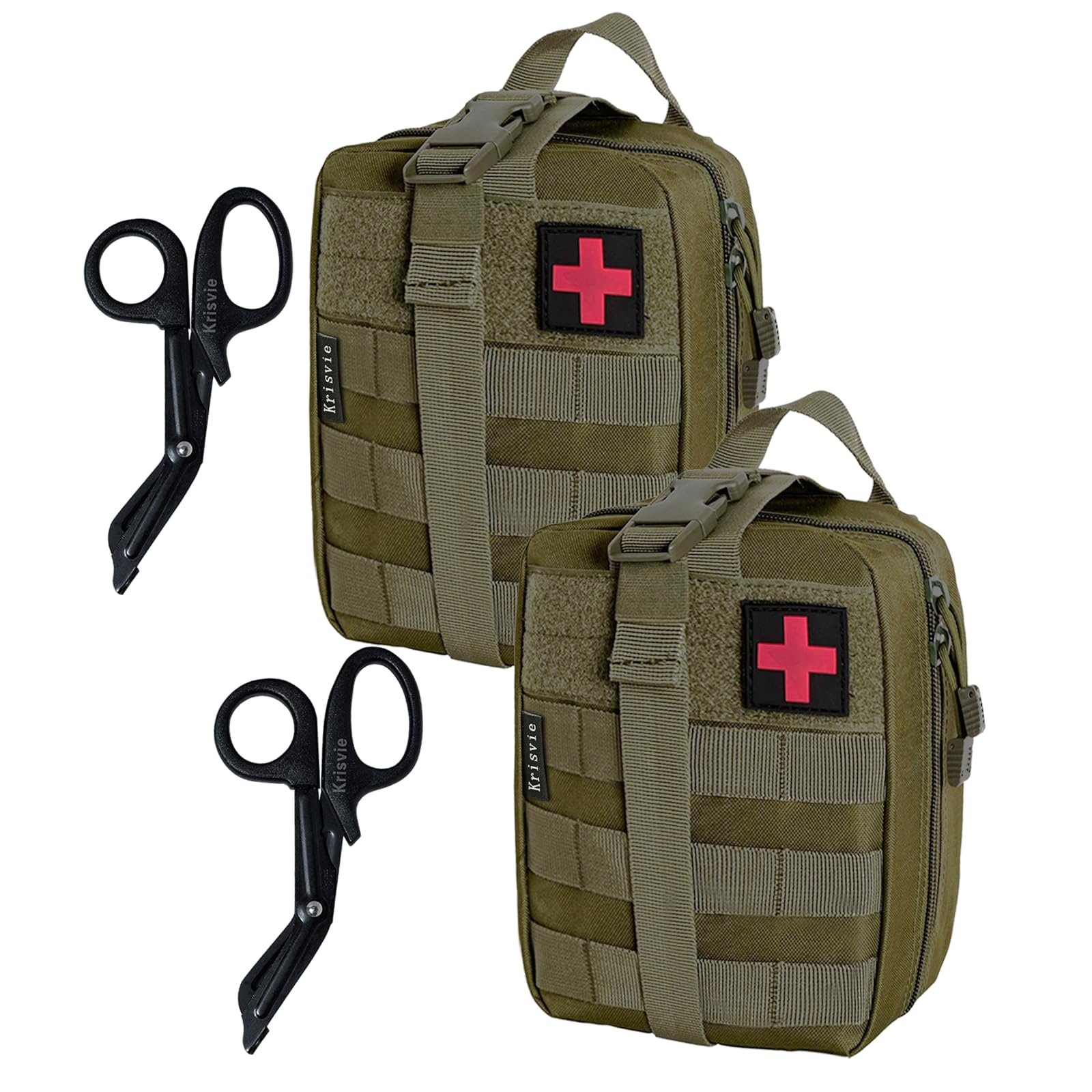 Krisvie 2Pack First Aid Molle Pouch EMT Pouch Detachable Tactical Medical Bag for Outdoor Activities with Shear(Green)