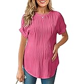FMEYOA Womens Maternity Shirts Casual Textured Short Sleeve Crew Neck Spring Summer Pregnancy Tops S-XXL