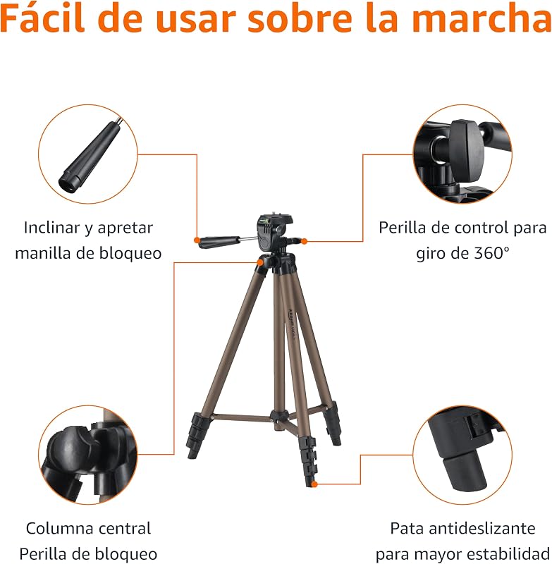 Trípode para Cámara de 127cm/50in, Ligero, con Bolsa, Altura Ajustable, para Cámaras Réflex Digitales, Color Champán