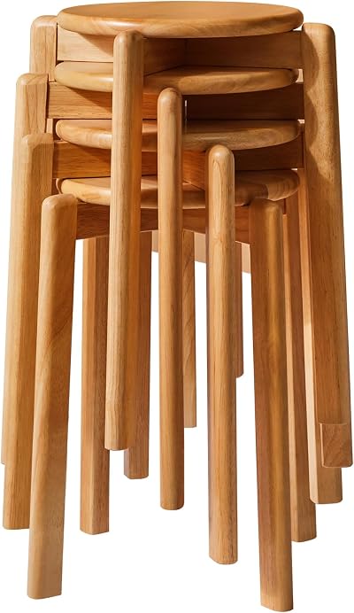 YMYNY 4pcs Solid Wood Round Stool 27x27x45CM Natural Color HBD026N-4