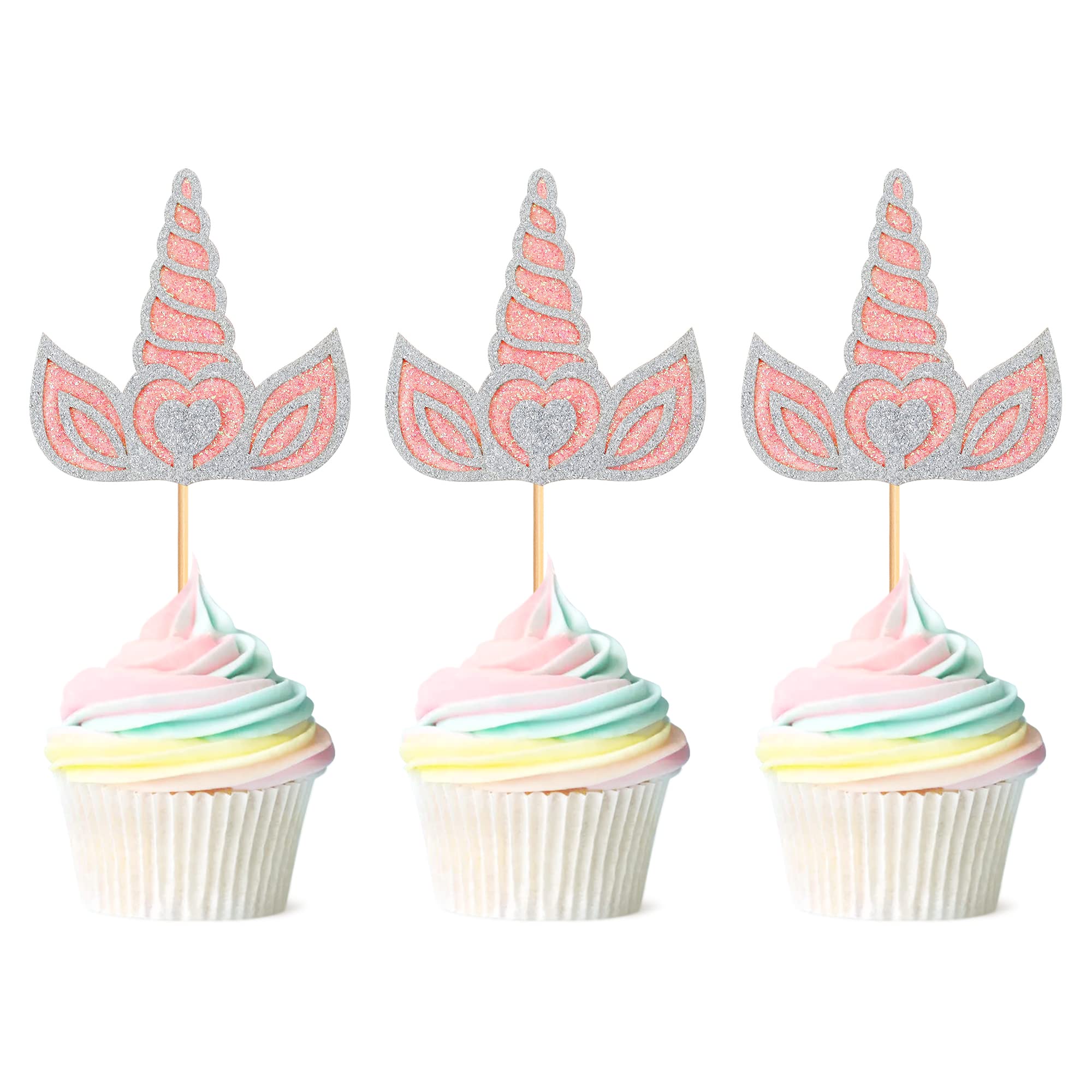 Blumomon 24Pcs Unicorn Cupcake Toppers Glitter Double Layers Unicorn Horn Cupcake Picks Wedding Engagement Bridal Shower Cake Decorations for Birthday Party Supplies Pink Silver