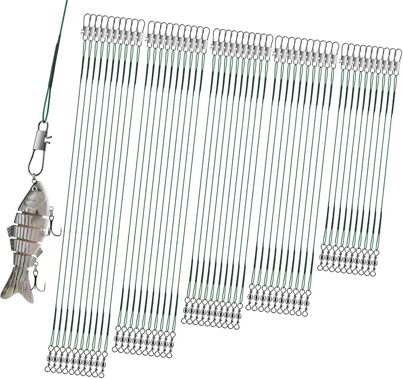 Realure 50 Pcs Stainless Steel Wire Traces Pike Fishing Leaders with Swivels