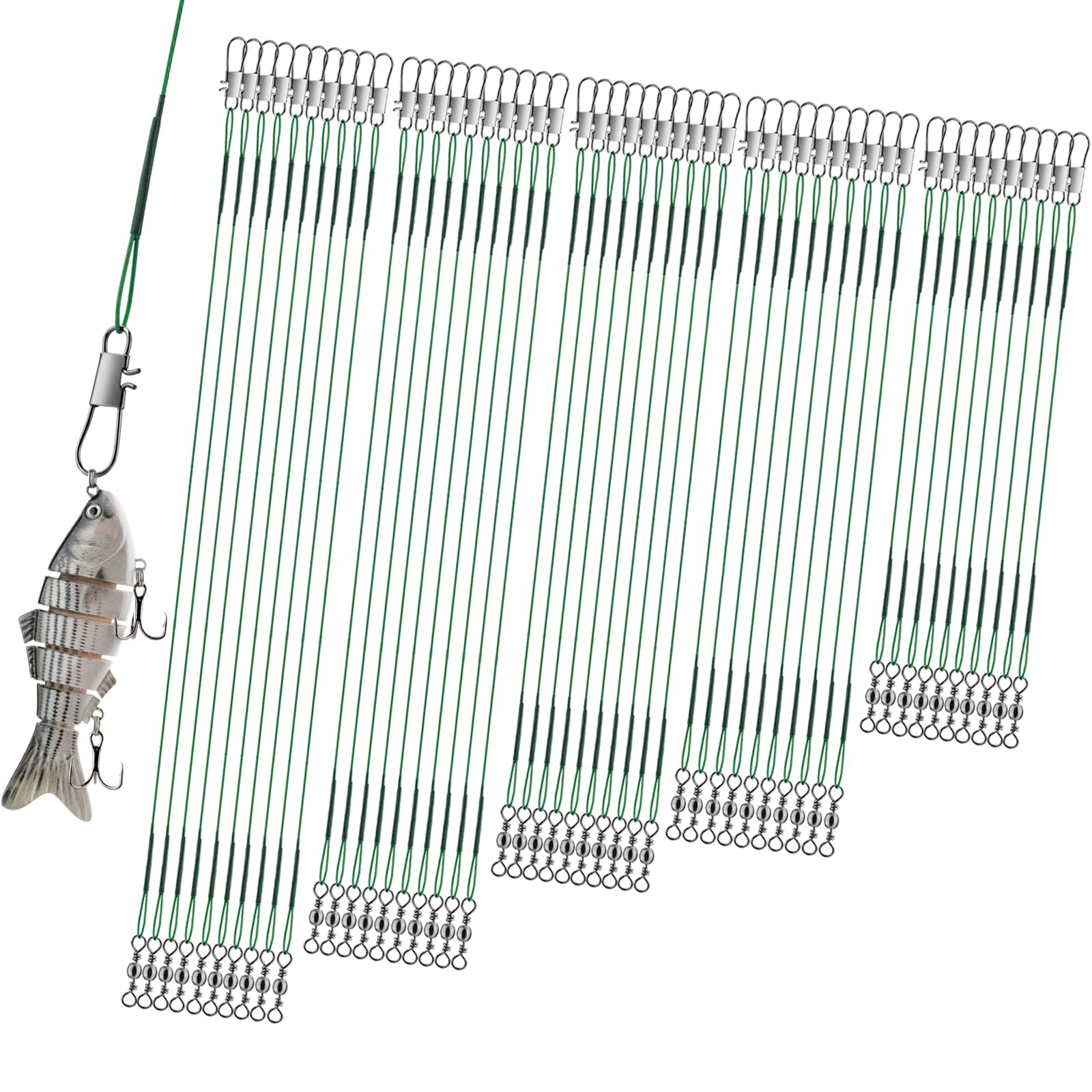 Realure 50 Pcs Stainless Steel Wire Traces Pike Fishing, 5 Size 10cm 15cm 20cm 25cm 30cm Anti-Bite Fishing Leaders with Swivels Snap, Fish Line Fishing Accessories for Bait Rigs Saltwater Freshwater