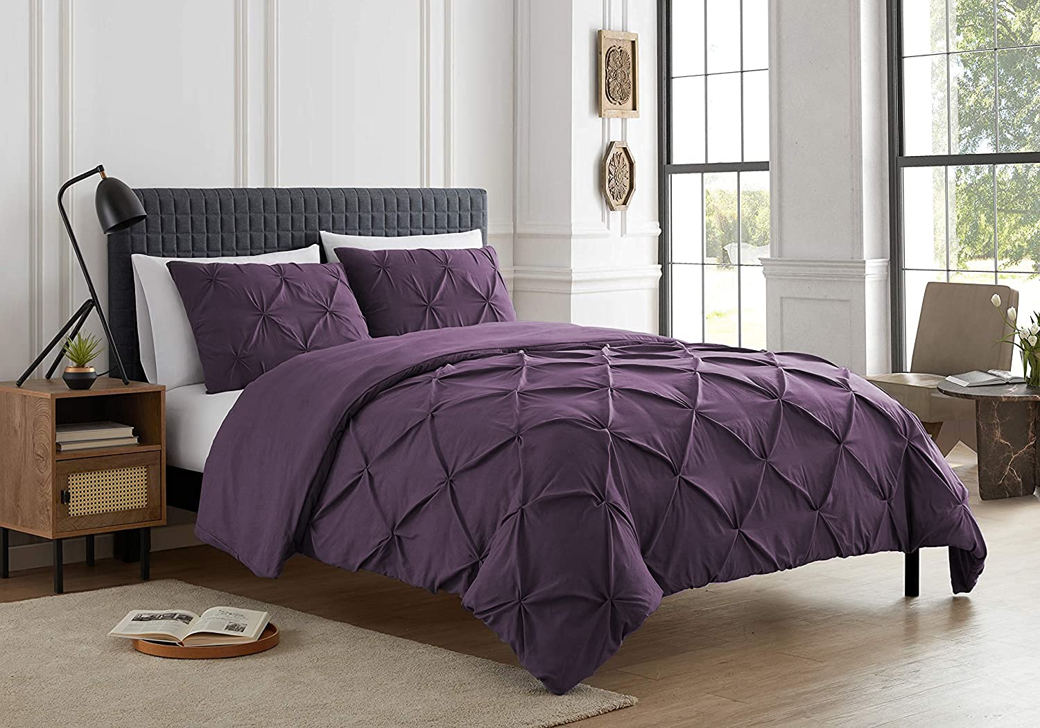 SeventhStitch Pintuck Duvet Cover Set with Pillowcases 100% Cotton Quilt Covers Bedding Bed Set Single Double King Super King Size (Plum, Super King)