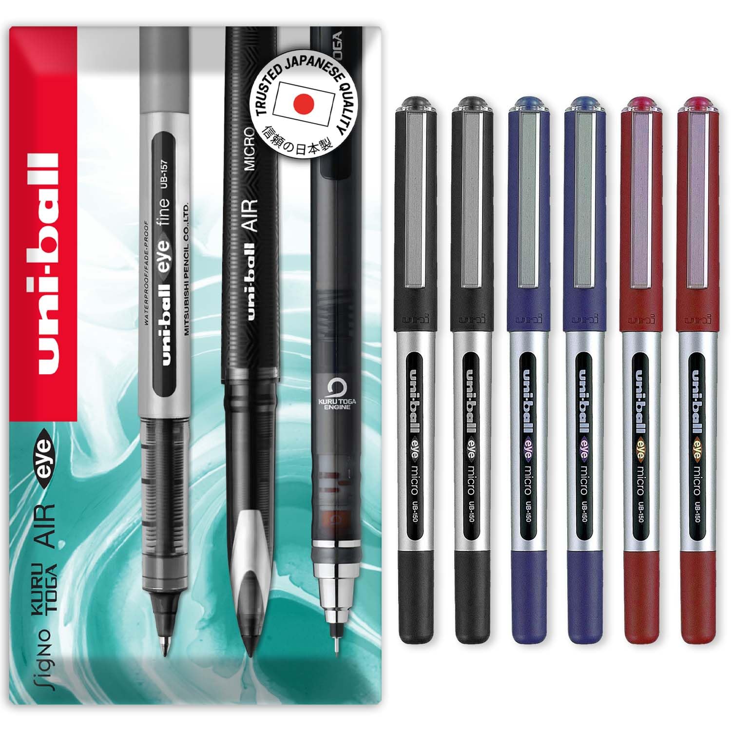 uni-ball Eye Micro Ub-150E Gel Ink Pen - 0.5 mm - Pack of 6-2 x Black, 2 x Blue, 2 x Red - In Envelope Gift Packaging