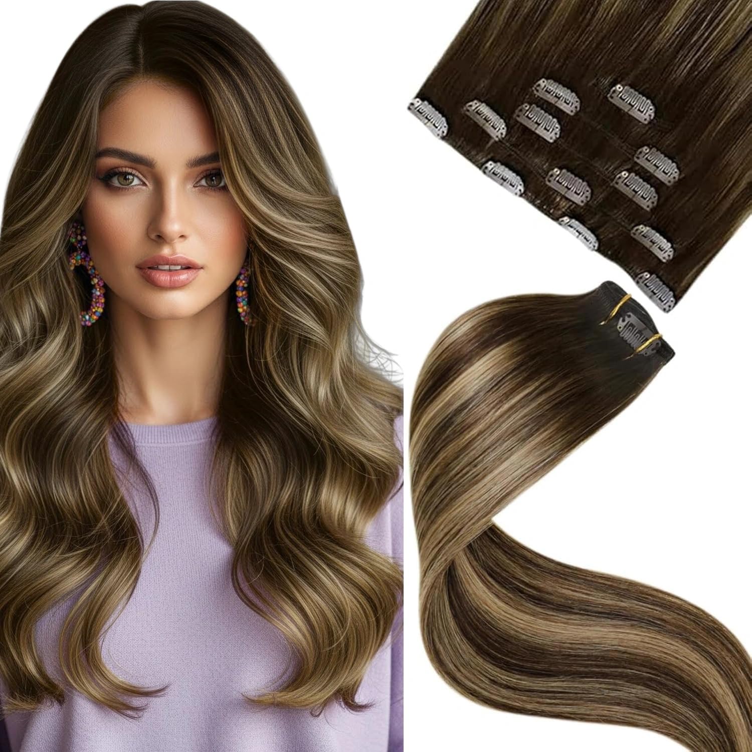 LaaVoo Clip in Hair Extensions Real Human Hair Dark Barown Hair Extensions Clip in Straight Balayage Mix Blonde Remy Hair Full Head Double Weft 80g 5pcs 12 Inch #4/27/4