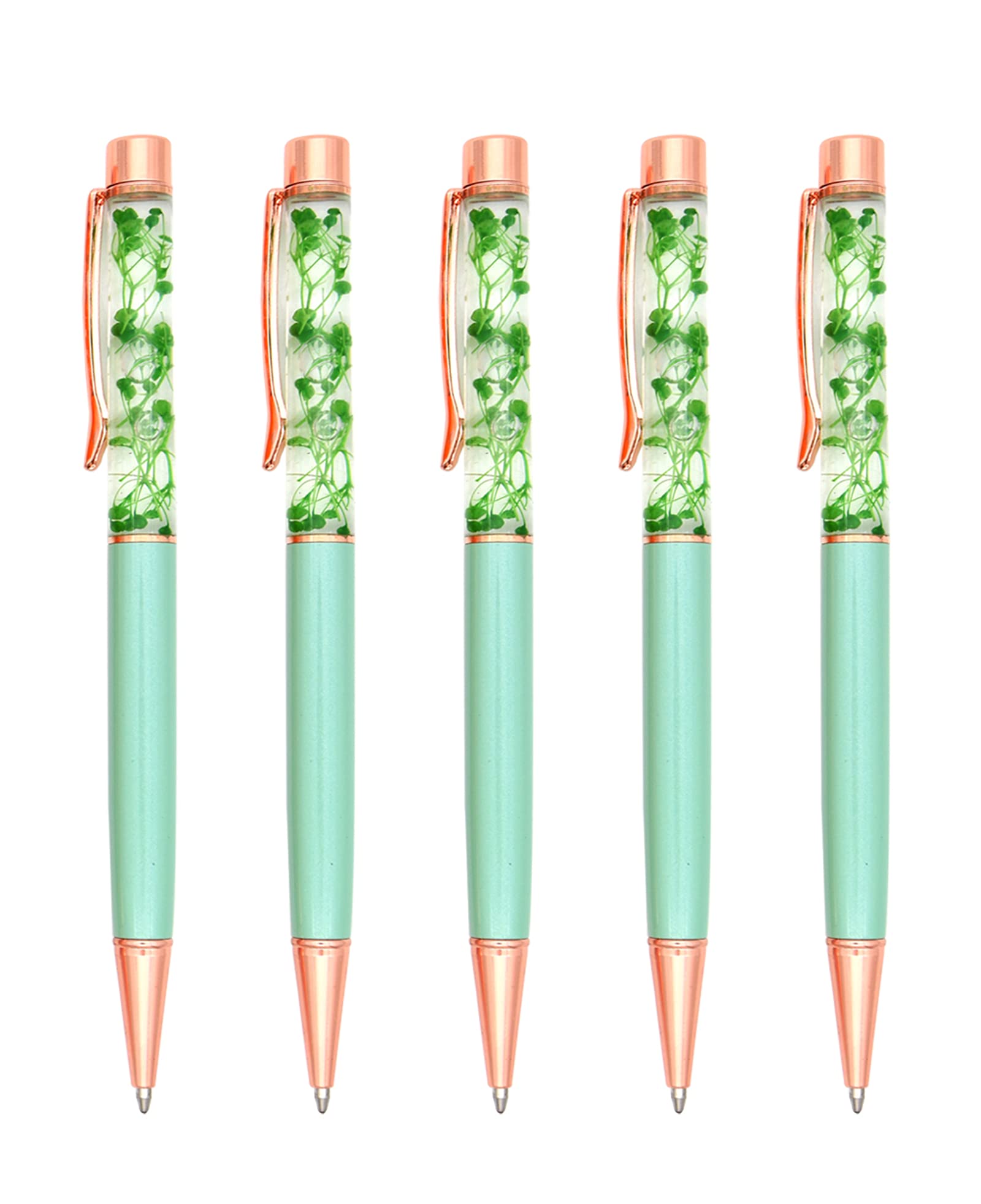 Gullor 5 Pieces Floral Ballpoint Pen Metal Flower Pen Dynamic Liquid Flower Pen, Black Ink, Green
