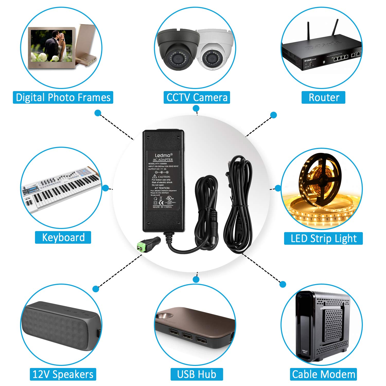 LED Power Supply, LEDMO Power Adapter, AC 100-240V to DC 12V Transformers, Power Supply for LED Strip Light, 60W Max, 5A
