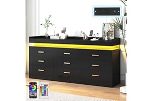 jiteentarou 9 Drawer Dresser with Charging Station and LED Lights, Modern Chest of Drawers with Power Outlet, Organizer Cabinet for Bedroom, Living Room, Entryway, Black