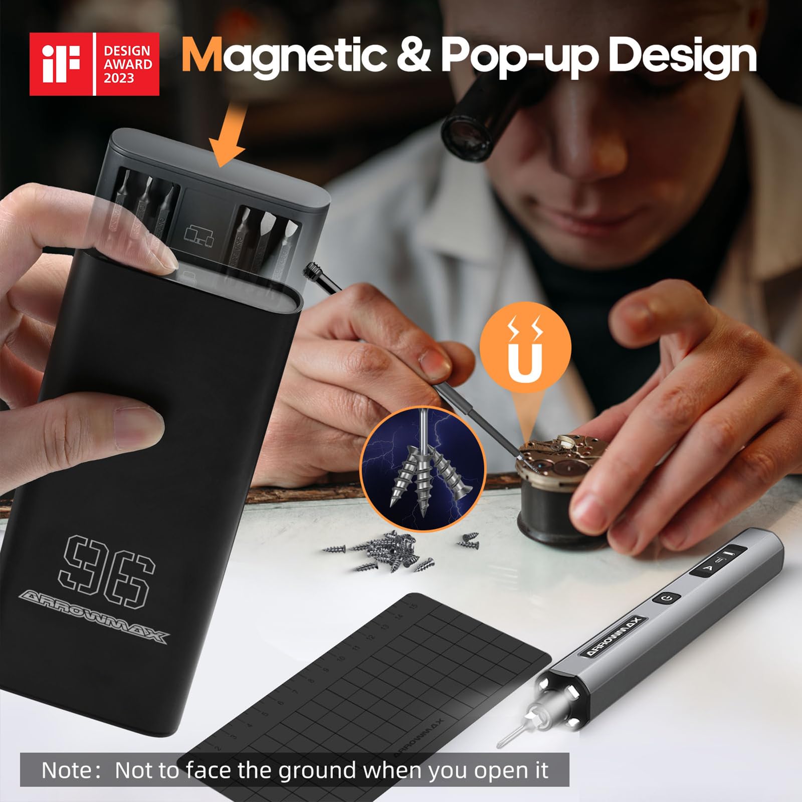 ARROWMAX Electric Screwdriver, 102-in-1 Precision Set with 96 Magnetic Bits, 4 Torque Modes, Red Dot, Winning Design, Rechargeable Cordless Screwdriver for Phone, Laptop - Grey