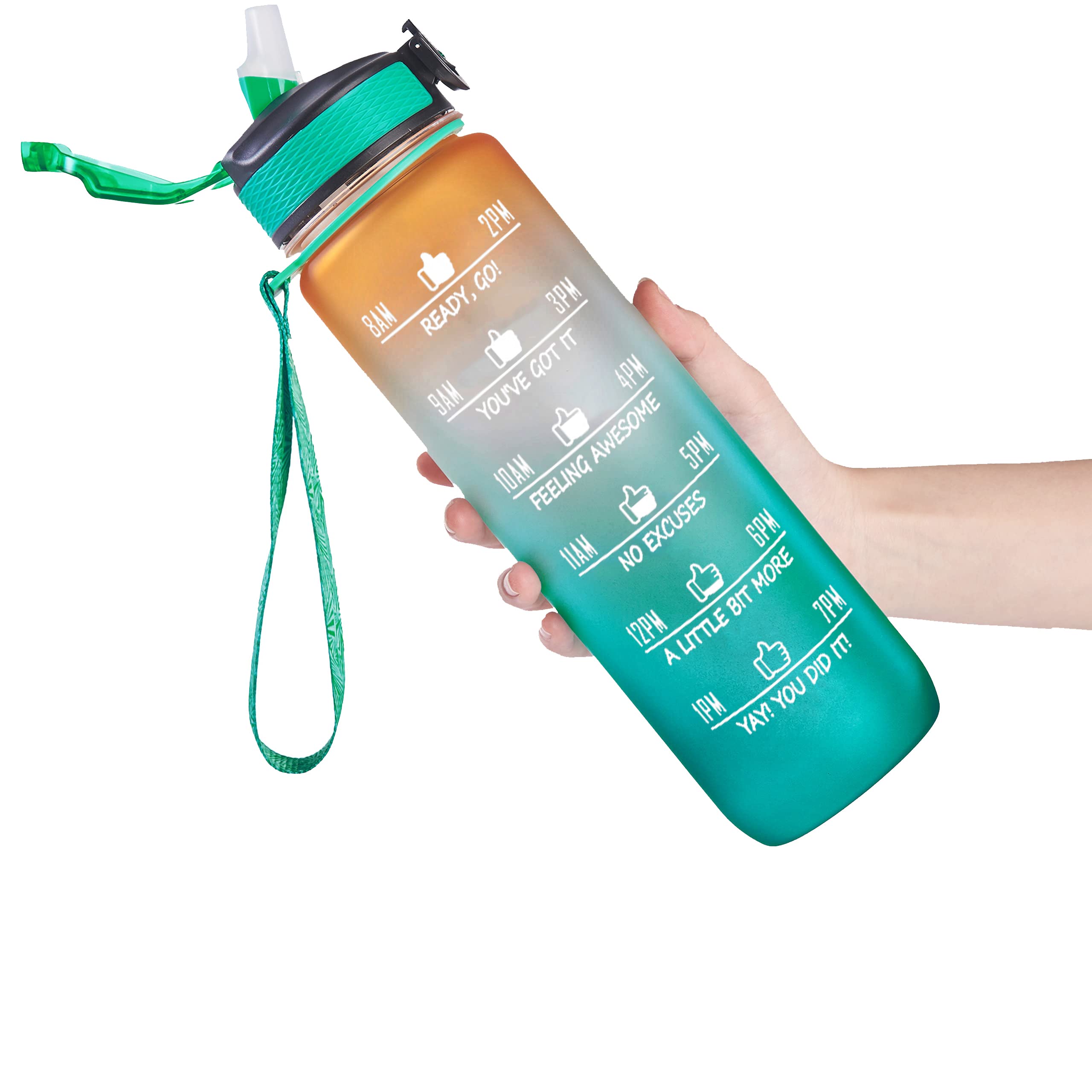WANGCL 32oz Water Bottle with Straw Motivational Time Marker Portable Reusable Fitness Sports and Outdoor Water Jug （Orange/Green Gradient）