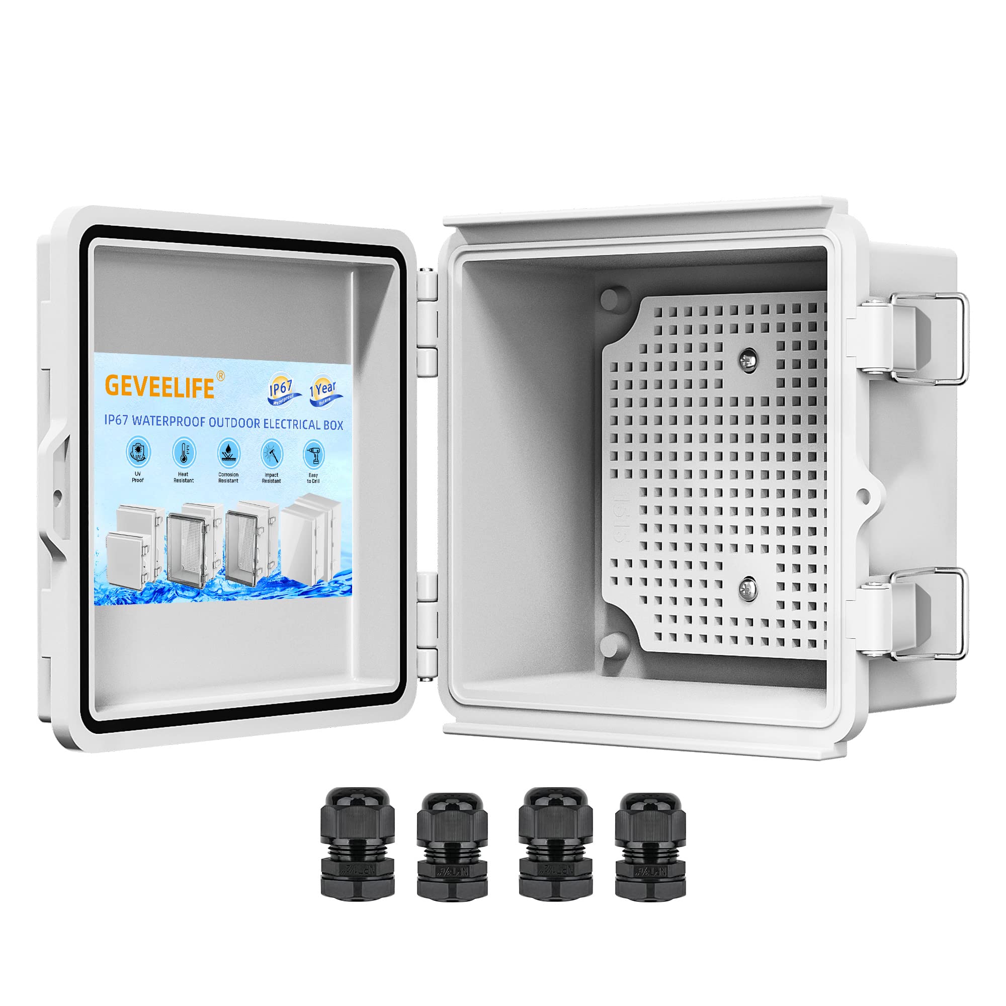 Photo 1 of Outdoor Electrical Box Waterproof, ABS Plastic Junction Box IP67 Hinged Cover Project Box with Mounting Plate Wall Brackets and 4 Cable Glands, Grey Electrical Enclosure 19.7"x15.7"x7.9"