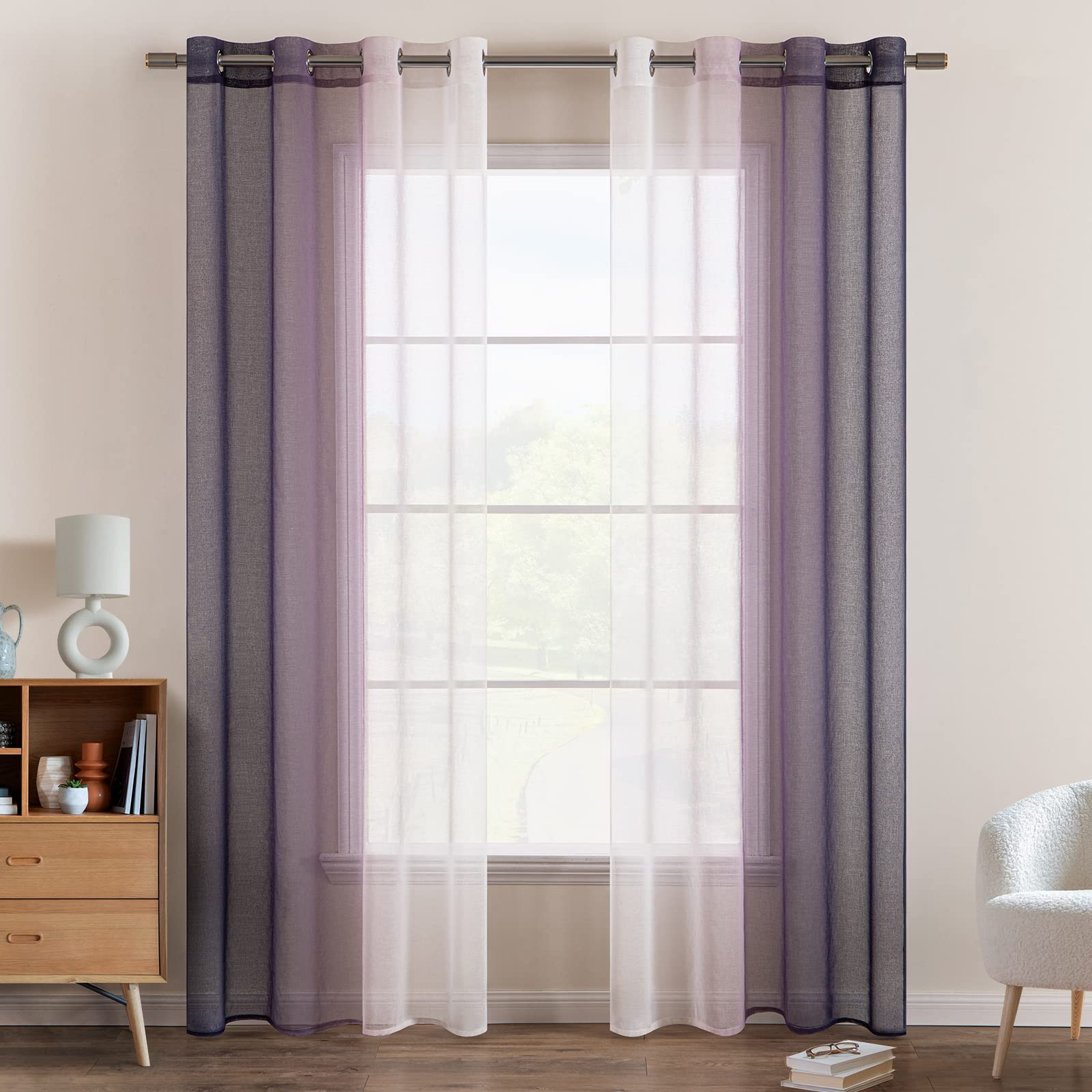 EMEMA Voile Curtain Two-Tone Curtain with Eyelets Transparent Curtain Eyelet Curtain Window Curtain Translucent for Bedroom Set of 2 140 x 245 cm Purple