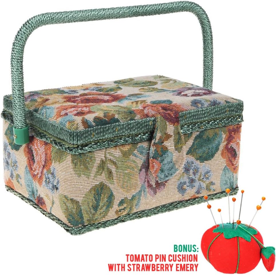 SewKit | Medium Sewing Basket Organizer with Complete Sewing Kit Accessories Included | Wooden Sewing Basket Kit with Removable Tray and Tomato Pincushion for Sewing Mending | Green | 220.9