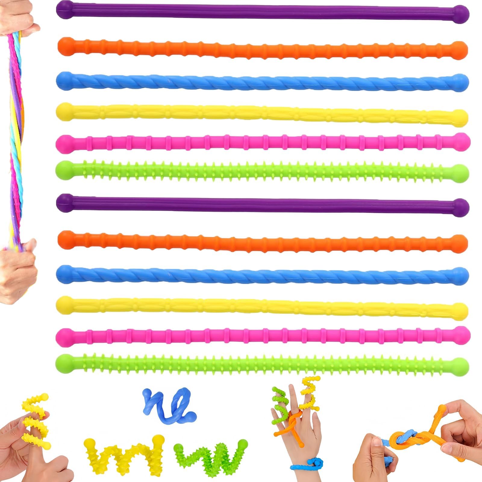 12Pcs Stretchy Sensory Fidget Toys for Kids School, Colorful Quiet Fidget Toys Flexible Noodle Textured Fidgets Toy, ADHD Autism Anxiety Relief Stretchy Sticks