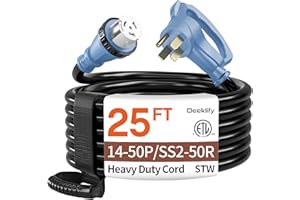 DEEKLIFY 25FT 50 Amp Generator Cord, NEMA 14-50P/SS2-50R Heavy-Duty 4 Conductors Cable, Pure Copper STW RV Extension Cord, Female Plug with Twist Lock, Suitable for RV or Camper, ETL Listed