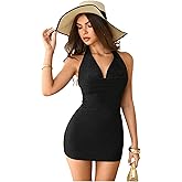 SOLY HUX Women's Shiny Deep V Neck Halter Bodycon Mini Dress Sleeveless Cocktail Prom Pencil Dresses